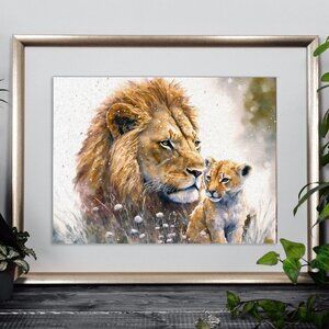 Lion With Cub Gorgeous Fantasy‎ Art Oil Painting Print